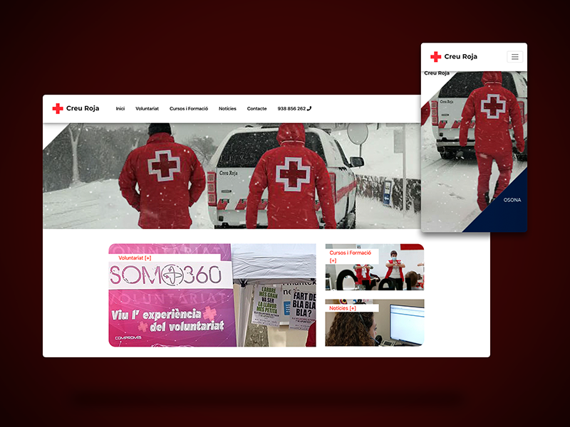 Pàgina principal del web de la creu roja de Vic, adaptable (responsiva) en diferents dispositius, PC i mòbil.